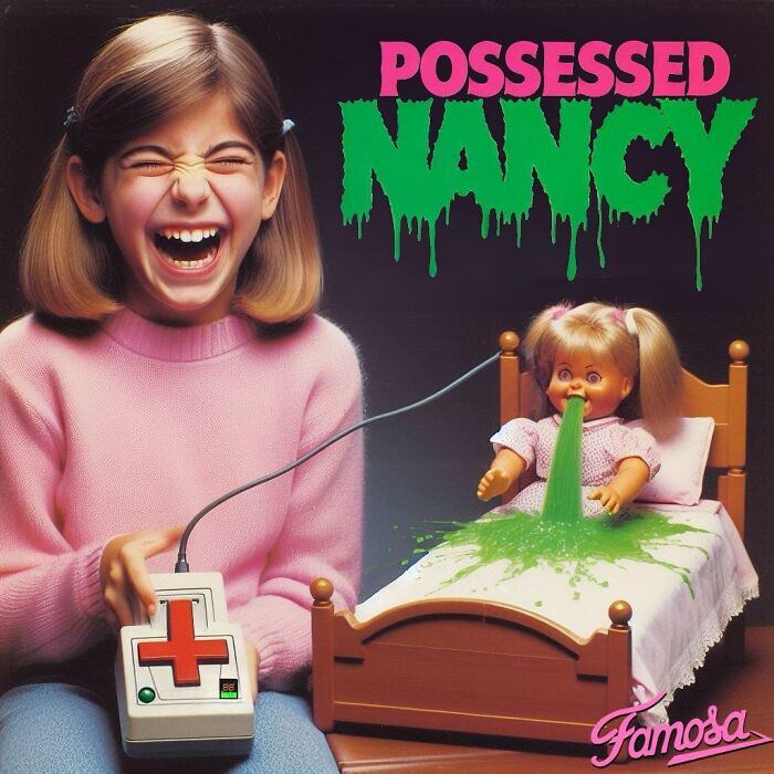 Young girl controlling creepy toy doll that is vomiting green slime, an eerie forbidden toy creation by Rosemberg.
