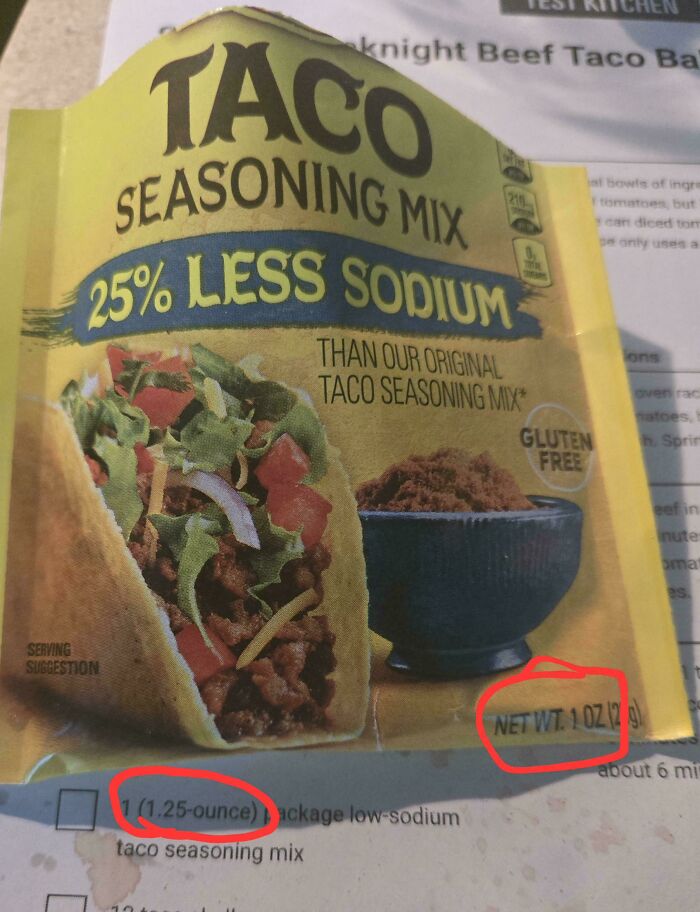 Taco seasoning mix package showing reduced size with 25% less sodium as an example of sneakflation.