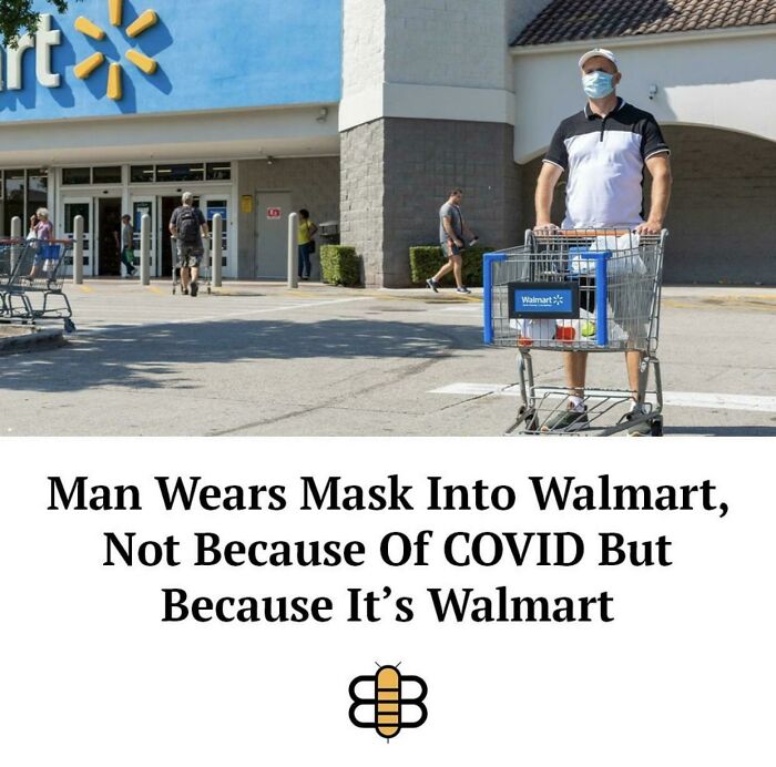 Man wearing mask pushing a shopping cart outside Walmart, illustrating unusual people of Walmart behavior and scenes.