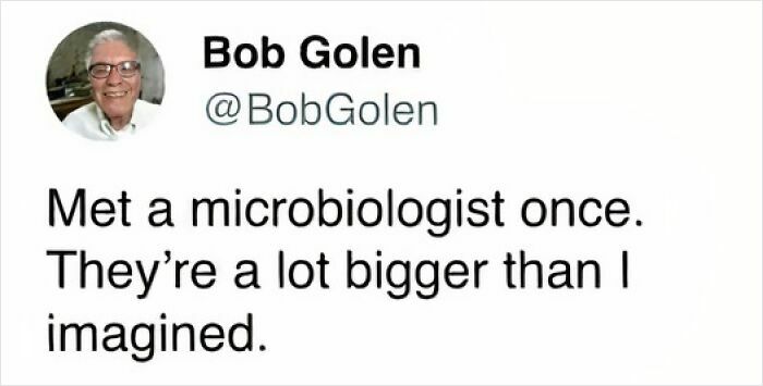 Tweet by Bob Golen with a hilariously cringy joke about a microbiologist being bigger than imagined for dad jokes and puns.