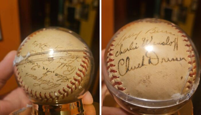 Vintage signed baseball displayed in a clear case, one of 80 lucky thrift store shoppers' jackpot finds.