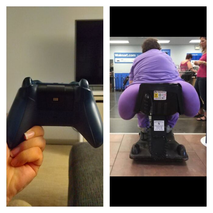 Person seated on a mobility scooter inside Walmart wearing bright purple clothing, highlighting unique People of Walmart moments.