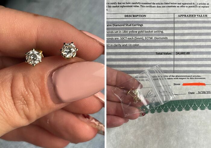 Hand holding diamond stud earrings next to appraisal certificate showing high thrift store jackpot value.