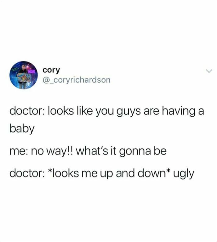 Screenshot of a chaotic tweet humorously discussing a doctor's unexpected comment about having a baby.