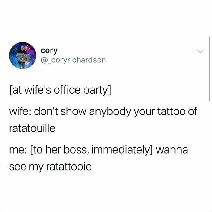 Screenshot of a chaotic tweet humorously showing awkward moments with tattoos, highlighting chaotic tweets humor humorously.