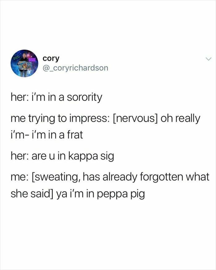 Tweet showing chaotic humor with a conversation about sororities and fraternities featuring a funny misunderstanding.