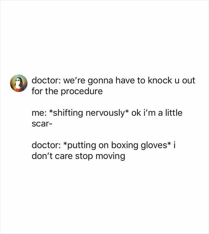 Funny chaotic tweet showing a nervous patient and a doctor humorously threatening with boxing gloves during a procedure.
