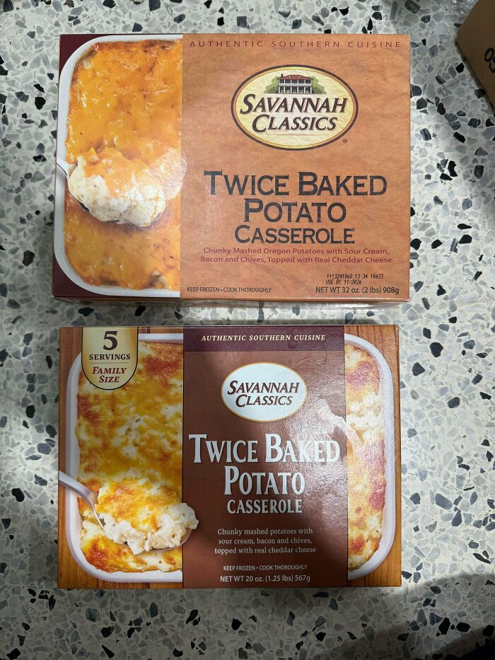 Two frozen Savannah Classics Twice Baked Potato Casserole packages on a speckled countertop, illustrating sneakflation examples.