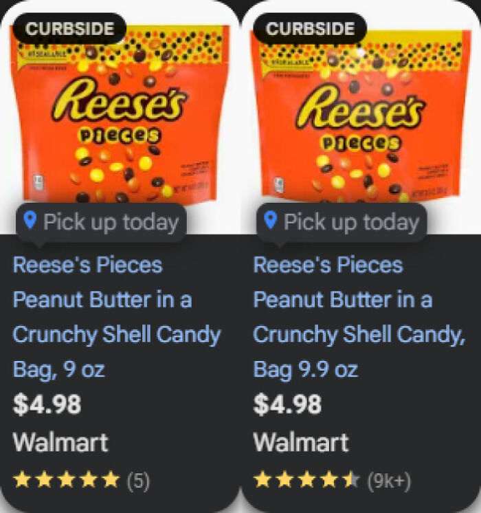 Two bags of Reese's Pieces candy with different weights and prices shown, illustrating examples of sneakflation at Walmart.