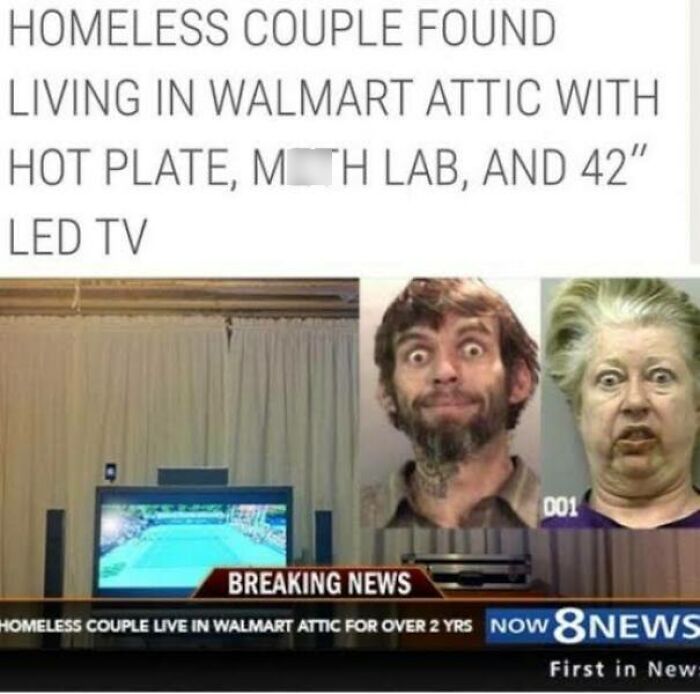 Homeless couple living in Walmart attic with TV and hot plate featured in wild People of Walmart pics.