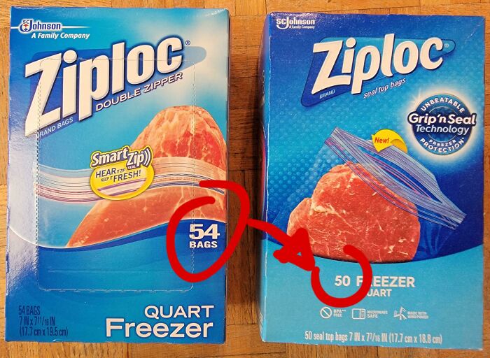 Two Ziploc quart freezer bag boxes with red circles and arrows highlighting a slight quantity difference as an example of sneakflation.