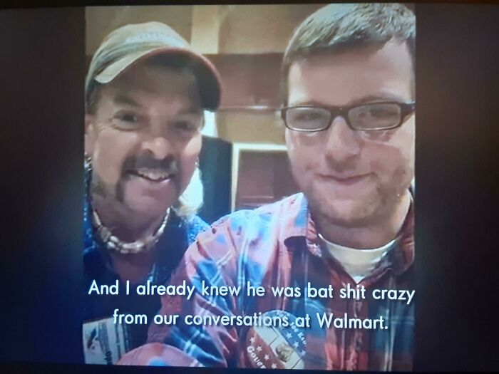 Two men smiling with Walmart pins and a caption about crazy conversations at Walmart in a casual setting.