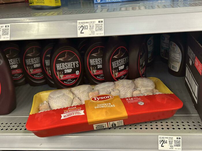 Packaged raw chicken drumsticks on a Walmart store shelf next to Hershey's syrup bottles, illustrating people of Walmart scene.