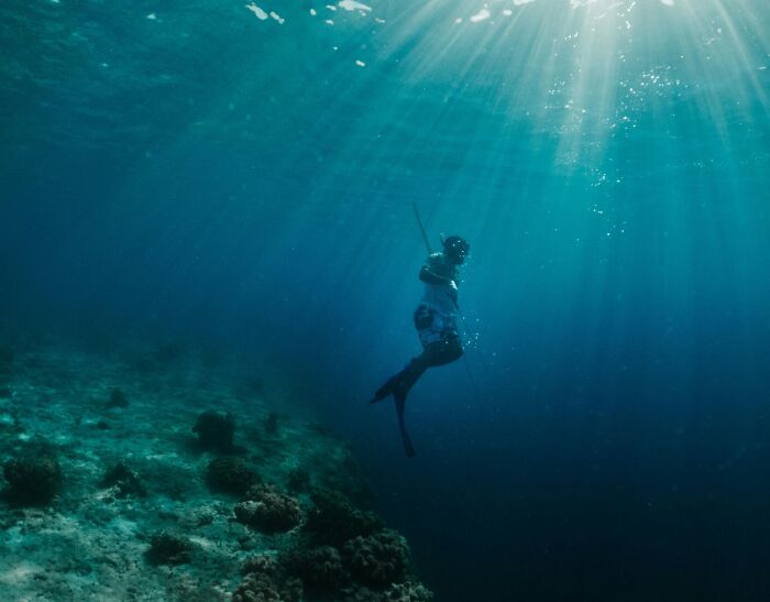 A diver exploring deep underwater near ocean floor illuminated by sunlight in a mysterious ocean environment.