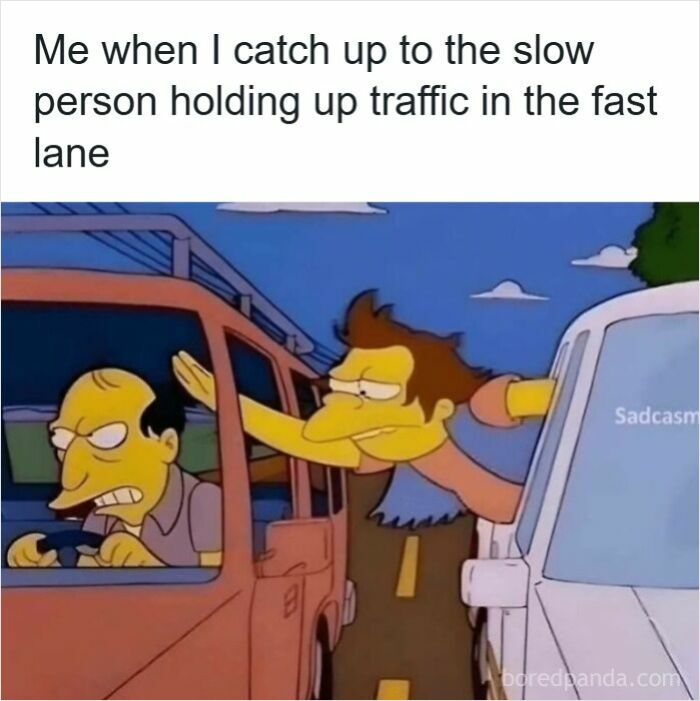 Cartoon characters showing frustration at slow driver blocking traffic, illustrating road rage driving memes.