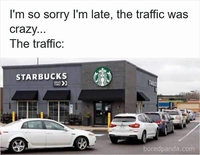 Cars lined up in a long traffic jam at a Starbucks drive-thru illustrating hilarious driving memes about road rage.