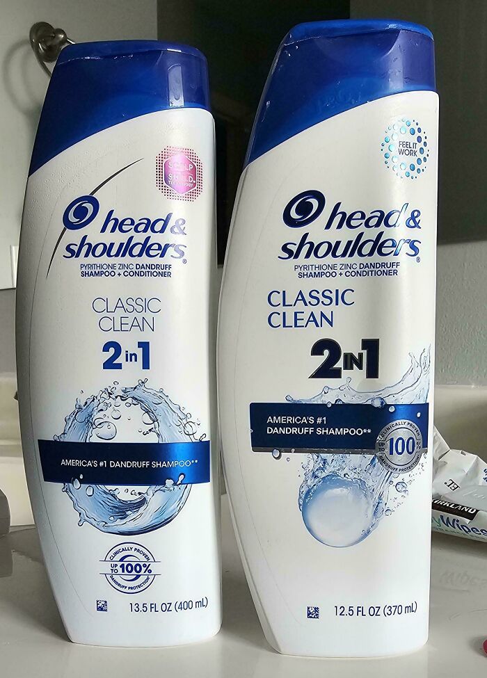 Two bottles of Head & Shoulders Classic Clean 2-in-1 dandruff shampoo with different sizes, illustrating sneakflation example.