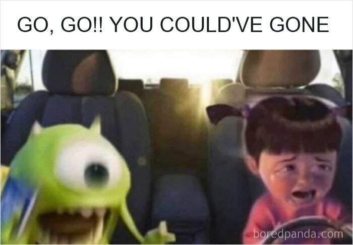Animated characters Mike Wazowski and Boo in a car showing expressions of frustration and road rage humor.