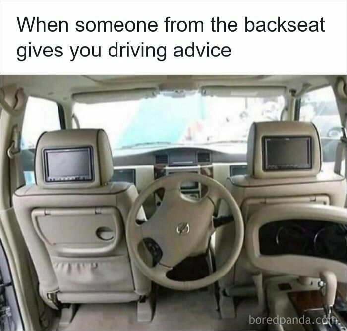 Car interior with steering wheel on the passenger side, illustrating a funny driving meme about road rage and bad driving advice.