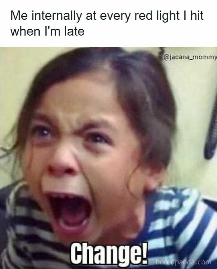 Child screaming in frustration at red light while late, capturing the feeling behind driving memes about road rage.