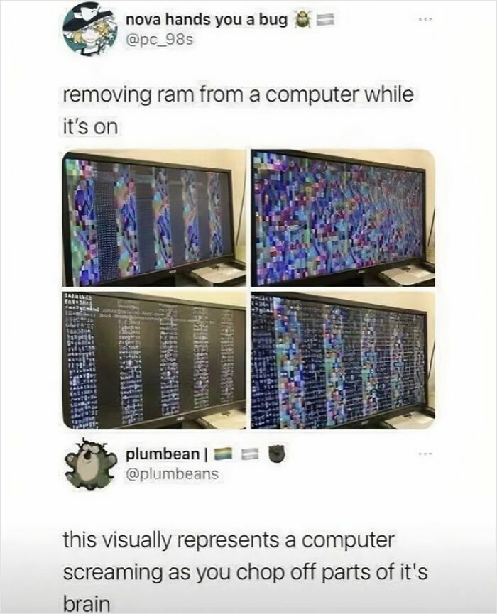 Computer science meme showing distorted monitors representing removing RAM from a computer while it’s on, with glitch art visuals.