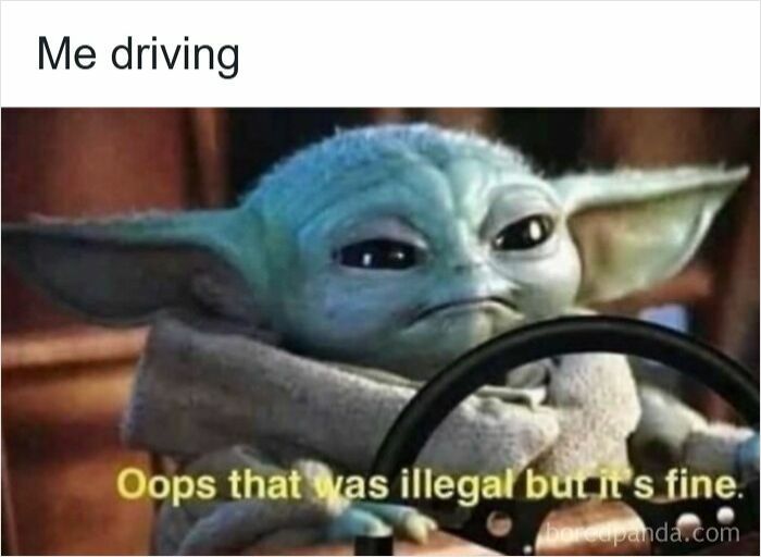 Baby Yoda driving with a focused expression in a meme illustrating hilarious driving and road rage frustrations.