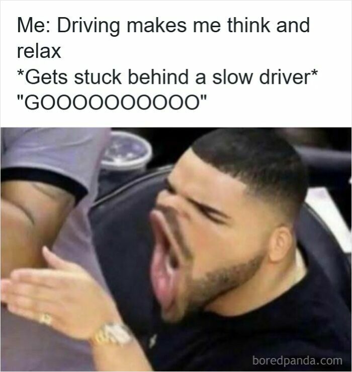 Man with distorted face yelling, illustrating road rage frustration in a hilarious driving meme about slow drivers and traffic annoyances.