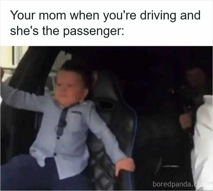 Child making a frustrated face in passenger seat showing funny driving meme about road rage and passenger reactions.