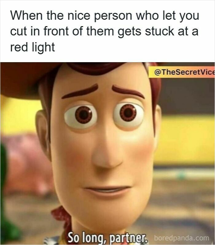 Animated character with a sad expression captioned about nice drivers stuck at a red light, highlighting driving memes and road rage.