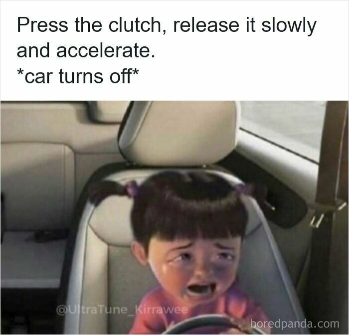 Crying animated child in car seat with text about pressing the clutch causing the car to stall, driving memes on road rage.