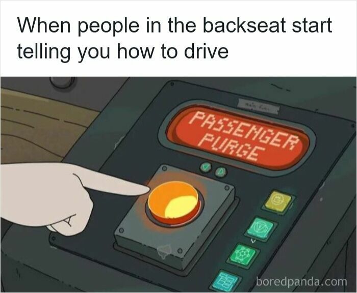 Cartoon hand pressing a button labeled passenger purge, illustrating driving memes about road rage and backseat drivers.