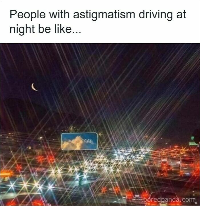 Nighttime traffic with bright light flares illustrating driving memes about vision issues and road rage frustration.