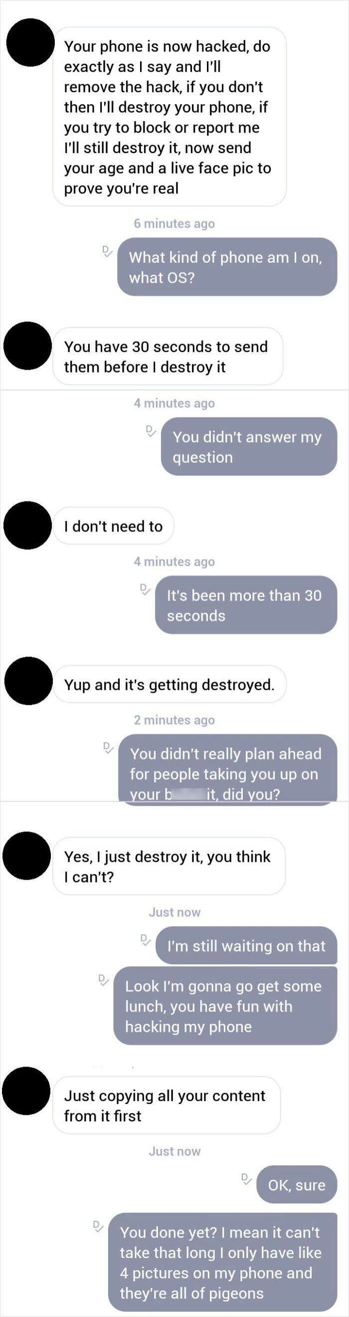 Chat messages showing a woman serving brutal comebacks to a creepy man trying to hack her phone.