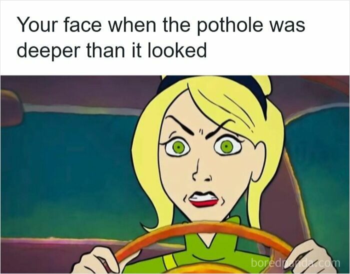 Cartoon woman with shocked expression driving, illustrating a funny moment about potholes in driving memes.