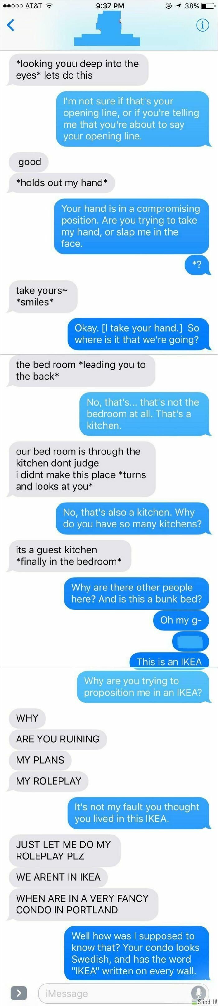 Text message exchange showing a woman serving a brutal comeback to a creepy man's awkward roleplay attempt.