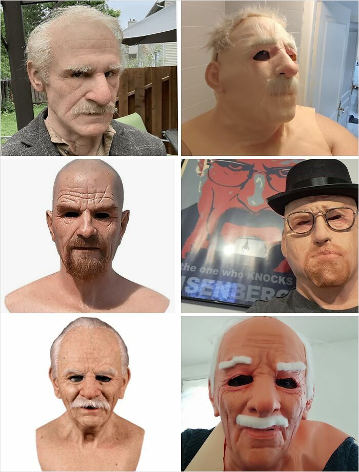 Six images of people wearing poorly fitting Halloween masks, showcasing Halloween fails that put a damper on the spooky day.