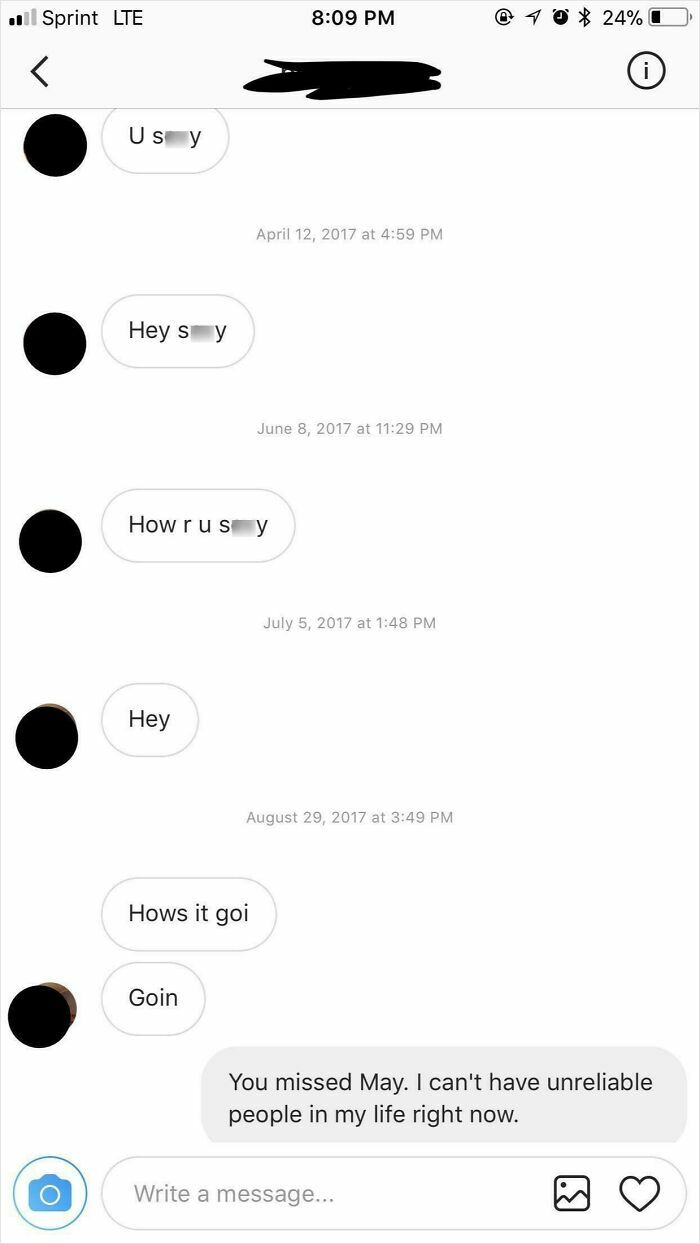 Text message exchange showing a woman delivering a brutal comeback to a creepy man after repeated messages.