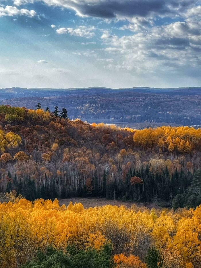 Vibrant autumn leaf colors and fall foliage covering rolling hills under a partly cloudy sky in a scenic landscape.