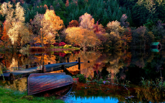 Autumn leaf colors reflected in a calm lake with fall foliage and a wooden boat near a dock in a forest setting.