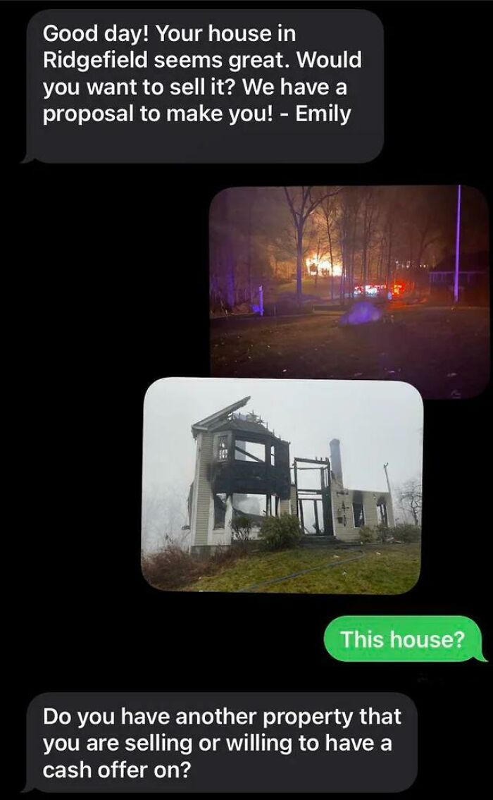 Text exchange with a scammer about selling a house, including photos of a burnt-down property, showing scammer response.