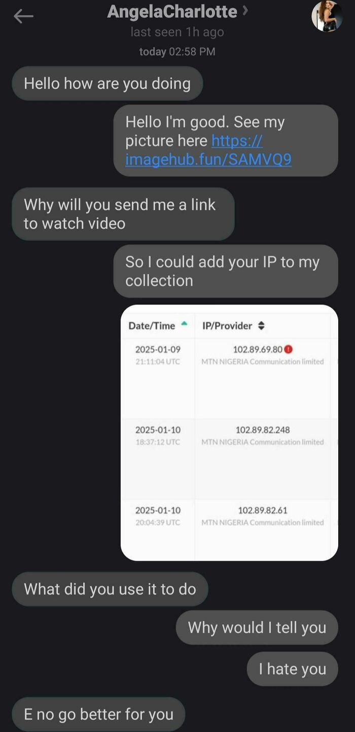 Chat exchange showing witty responses to a scammer, including a claim about tracking their IP for scammer exposure.