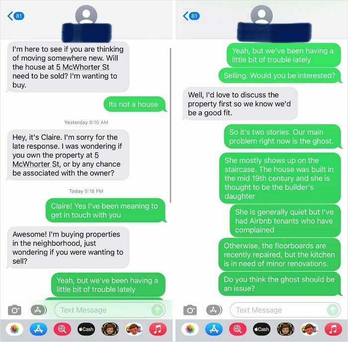 Text message exchange showing a humorous response to a property scammer discussing a haunted house issue.