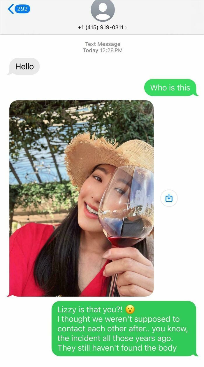 Text message exchange showing a funny scammer response with a photo and a mysterious reply about an incident years ago.