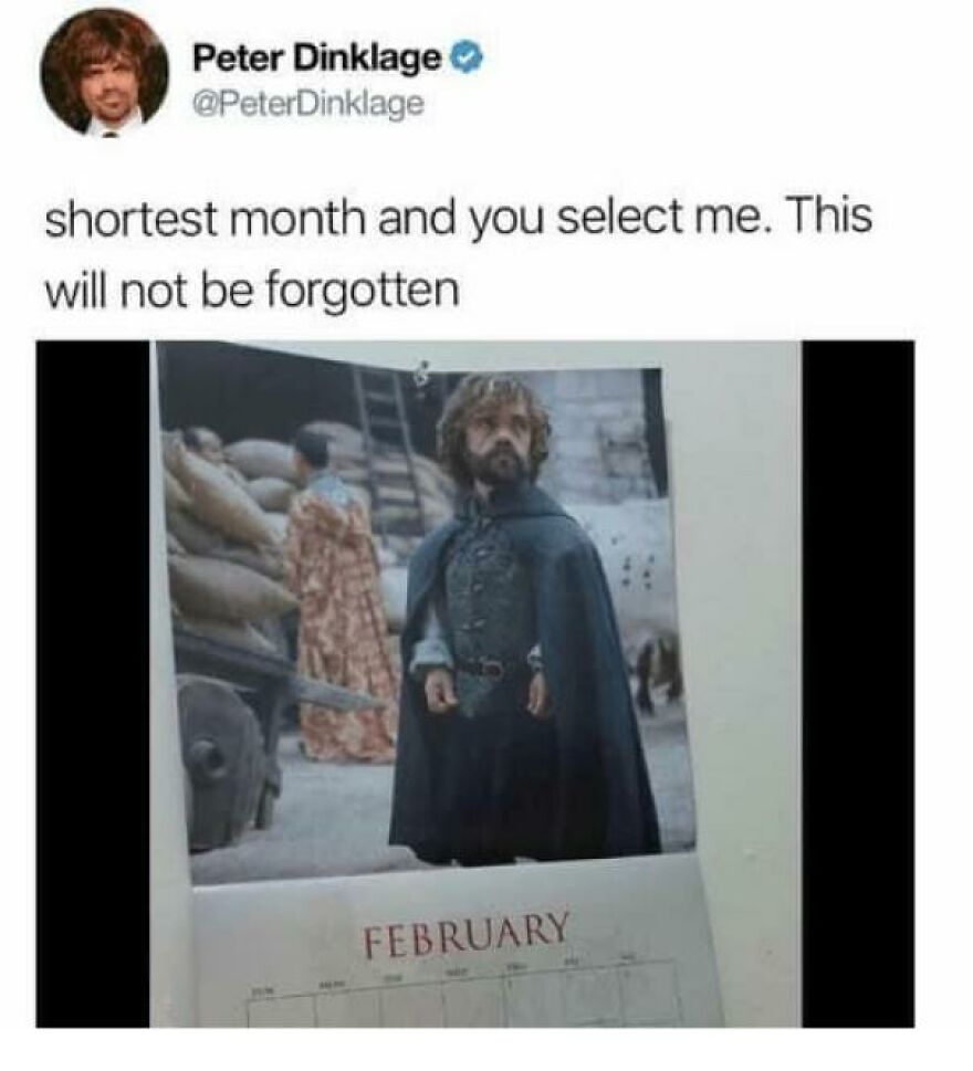 Image of a calendar showing February with a character from Game of Thrones, fitting people knowing what they were doing.