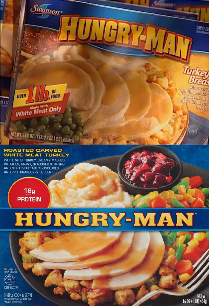 Hungry-Man frozen meal with turkey, mashed potatoes, and vegetables highlighting sneakflation in packaged foods.