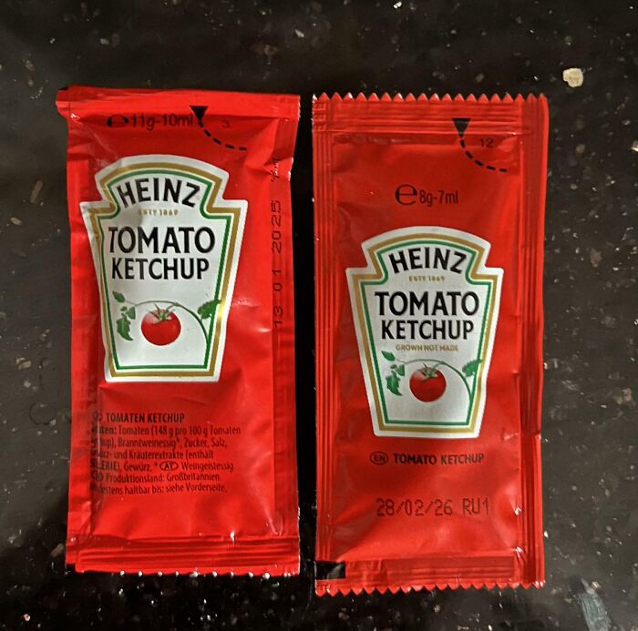 Two Heinz tomato ketchup packets side by side, illustrating examples of sneakflation in food packaging sizes.