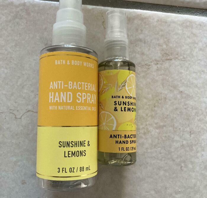 Two sizes of Bath & Body Works anti-bacterial hand spray with Sunshine & Lemons scent showing sneakflation effect.