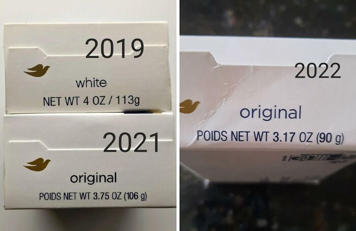 Packaging of a product from 2019, 2021, and 2022 showing weight reduction as an example of sneakflation.