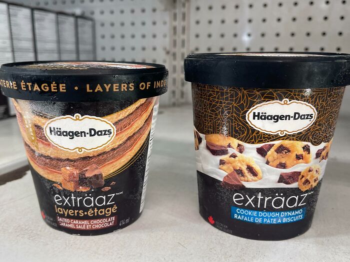 Two Häagen-Dazs extraaz ice cream containers on a store shelf showing examples of sneakflation packaging.