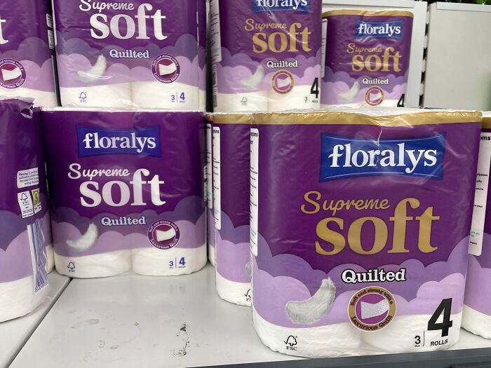 Packages of Floralys Supreme Soft Quilted toilet paper on a store shelf, illustrating sneakflation examples in consumer products.
